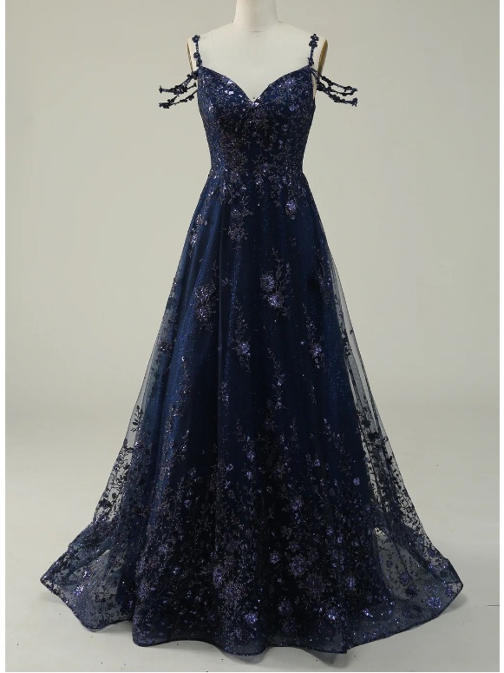 Zapaka Navy A Line Cold Shoulder Long Prom Dress with Appliques